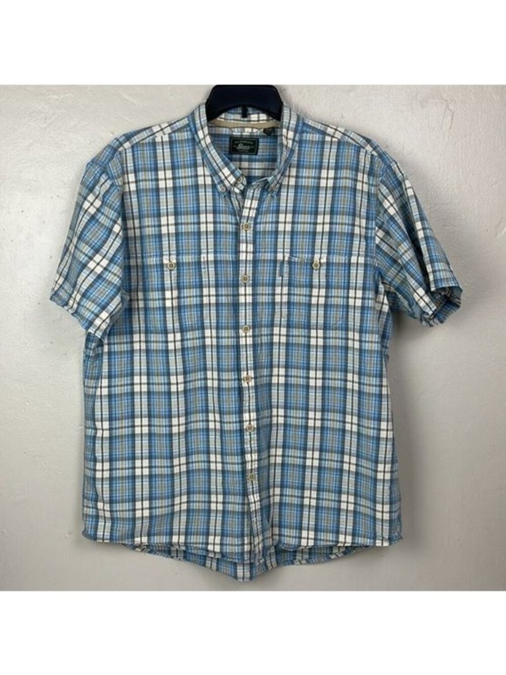 Bass Cotton Blue Plaid Button Shirt Men's XXL short sleeve tan lightweight